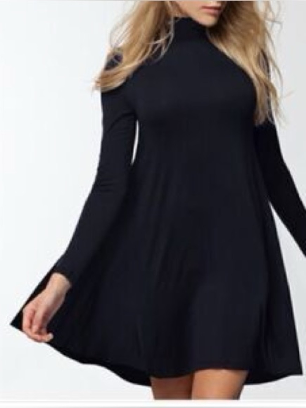 Lulus Jersey Knit Black Long-Sleeve A-Line Turtleneck Dress Small